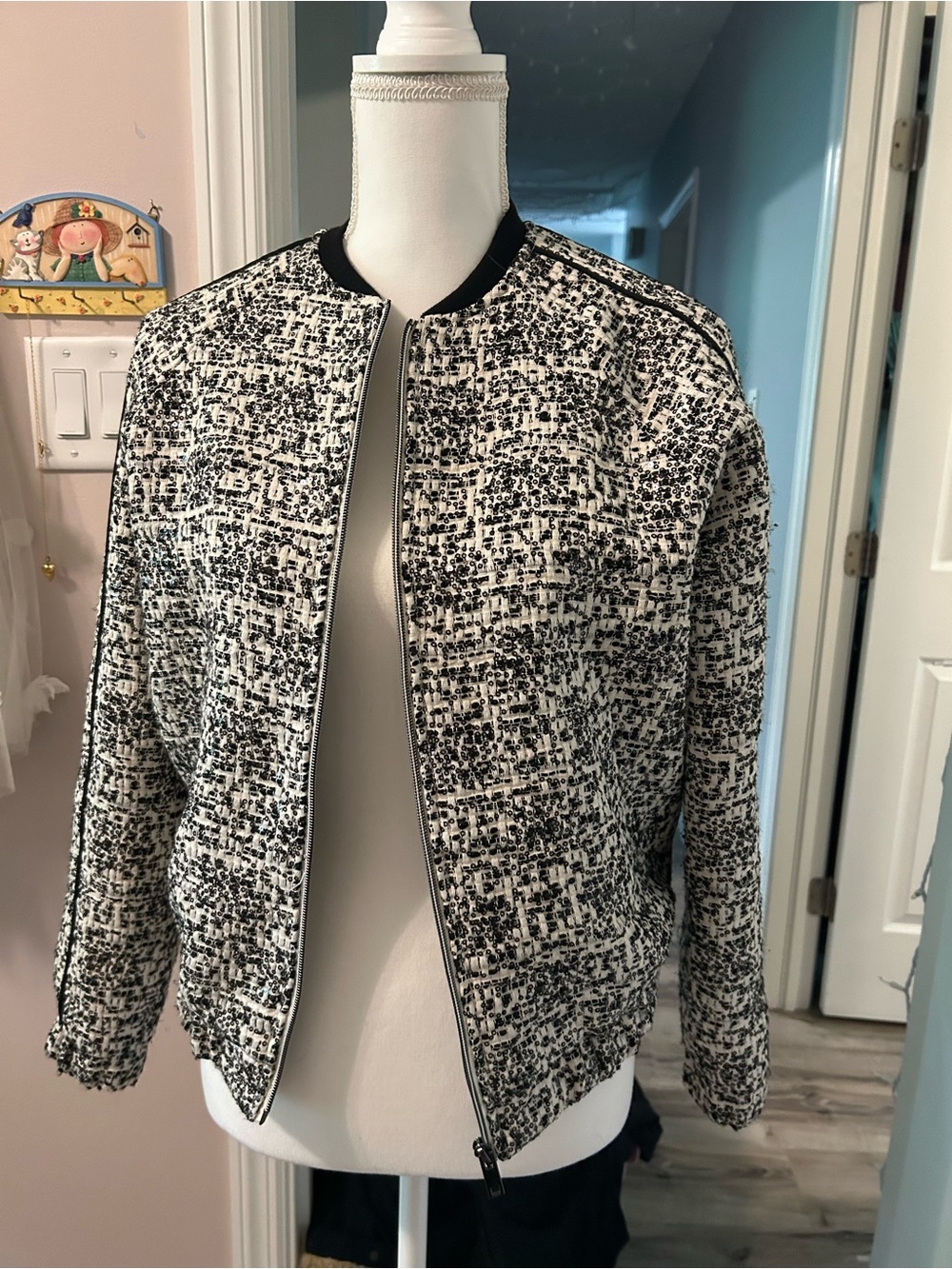 SUNCOO Black and White Tweed Bomber Jacket